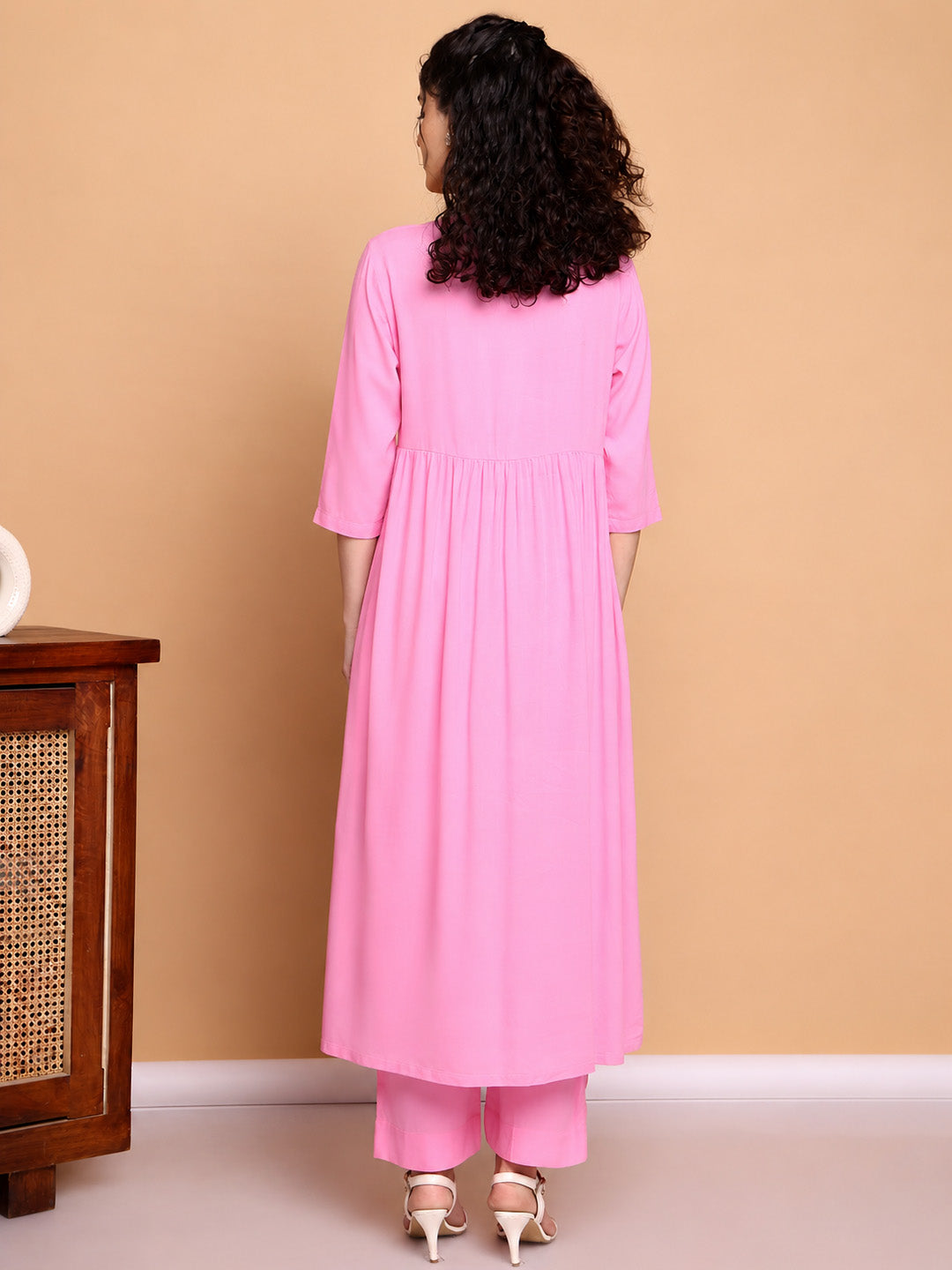 Pink Solid Rayon Maternity Kurta with Trouser