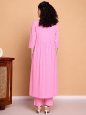 Pink Solid Rayon Maternity Kurta with Trouser