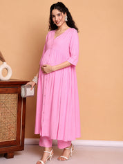 Pink Solid Rayon Maternity Kurta with Trouser