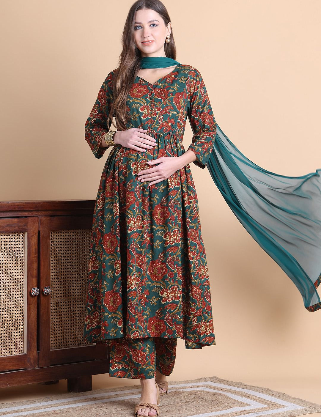 Green Floral Cotton Maternity Suit Sets With Dupatta