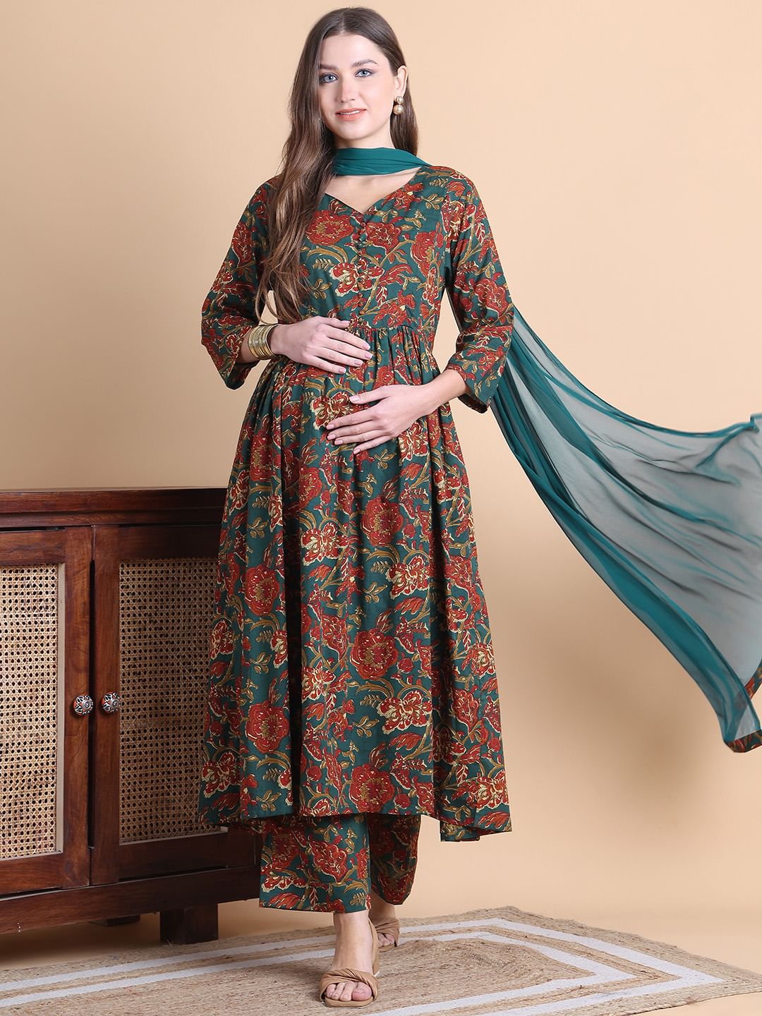 Green Floral Cotton Maternity Suit Sets With Dupatta