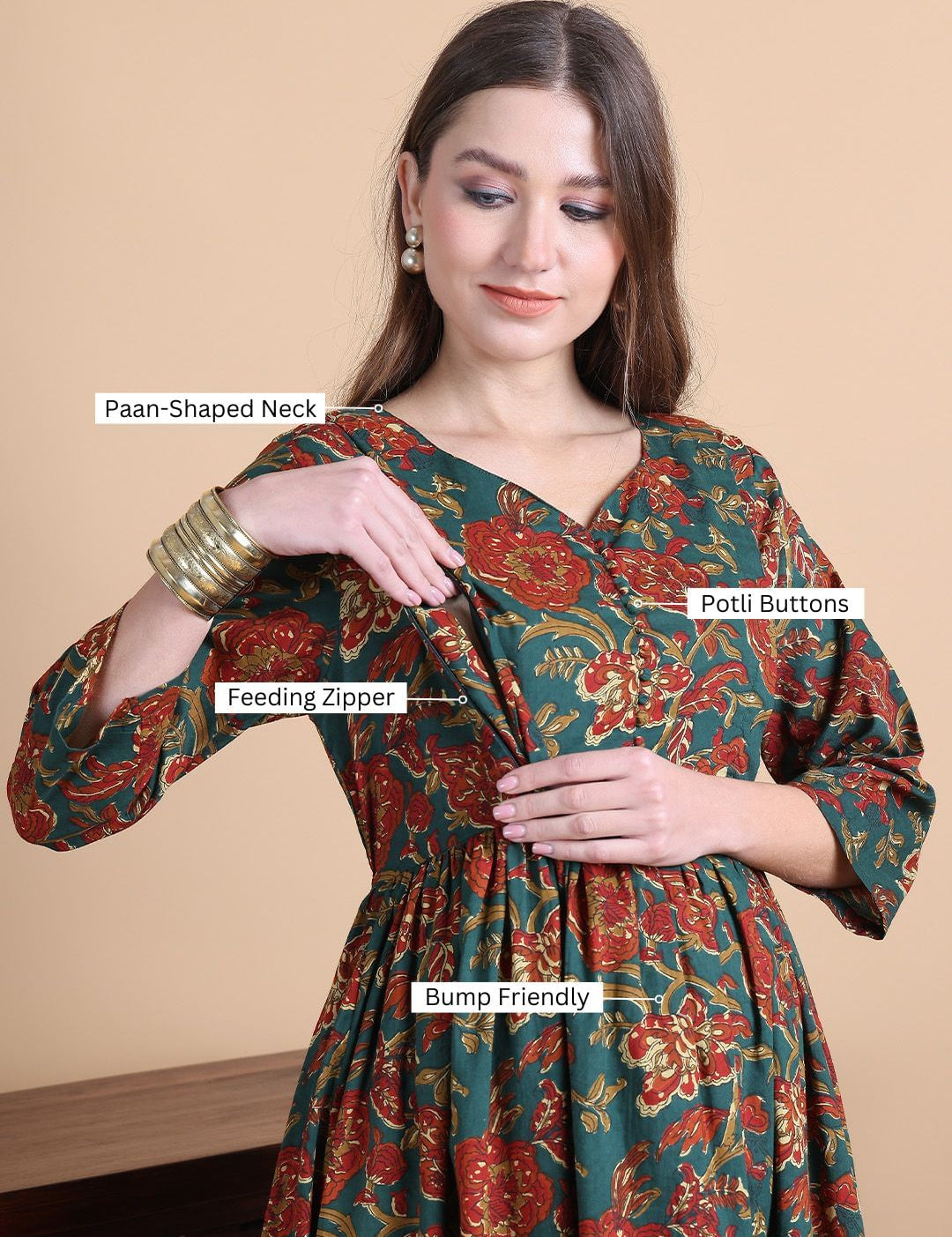 Green Floral Cotton Maternity Suit Sets With Dupatta