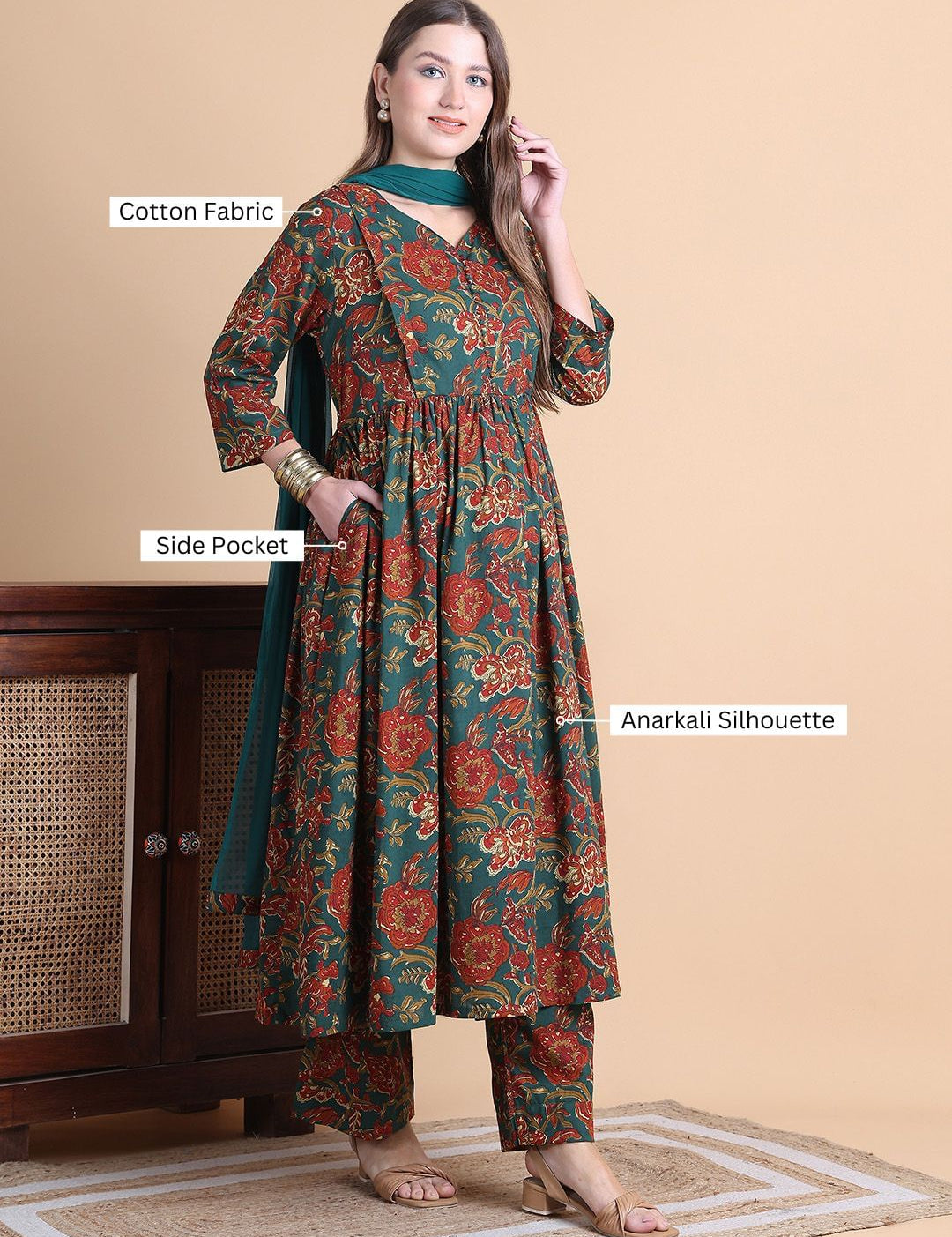 Green Floral Cotton Maternity Suit Sets With Dupatta