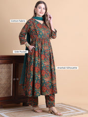 Green Floral Cotton Maternity Suit Sets With Dupatta