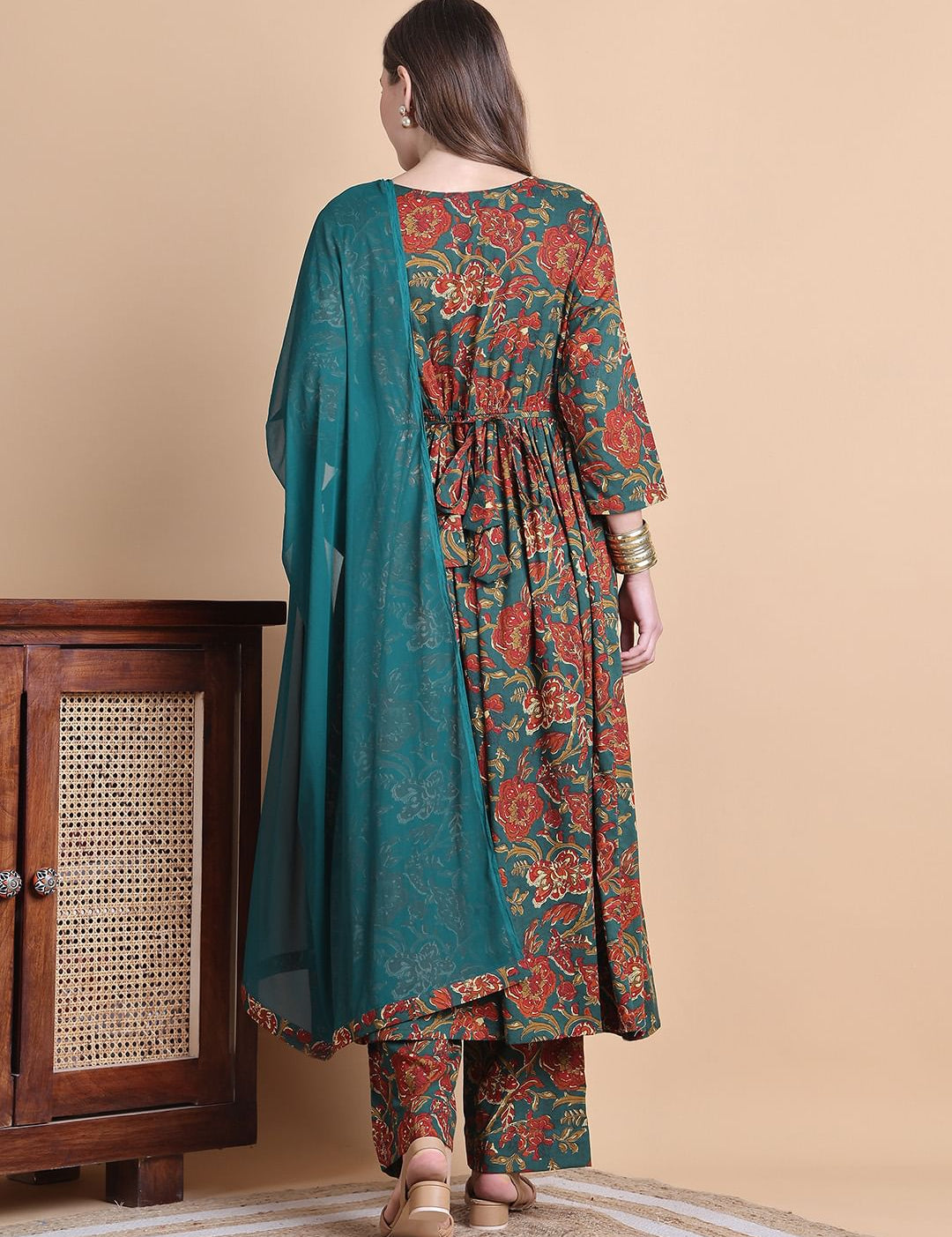 Green Floral Cotton Maternity Suit Sets With Dupatta