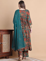 Green Floral Cotton Maternity Suit Sets With Dupatta