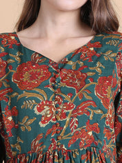 Green Floral Cotton Maternity Suit Sets With Dupatta