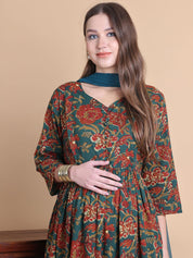 Green Floral Cotton Maternity Suit Sets With Dupatta