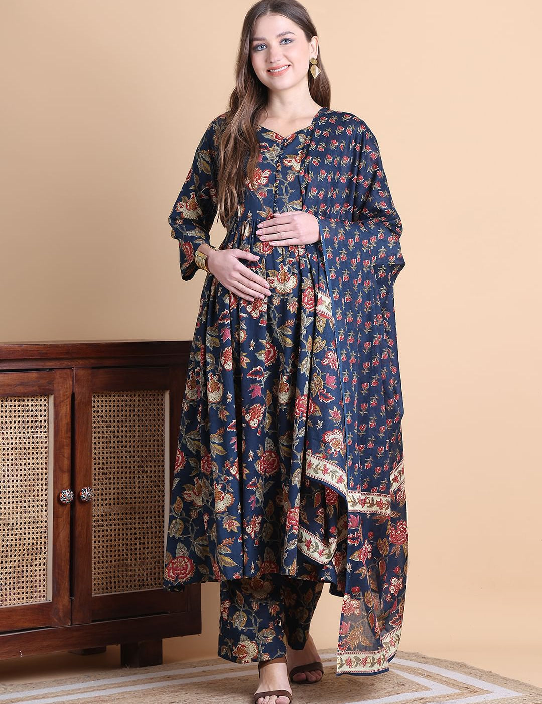 Navy Blue Floral Cotton Maternity Suit Sets With Dupatta