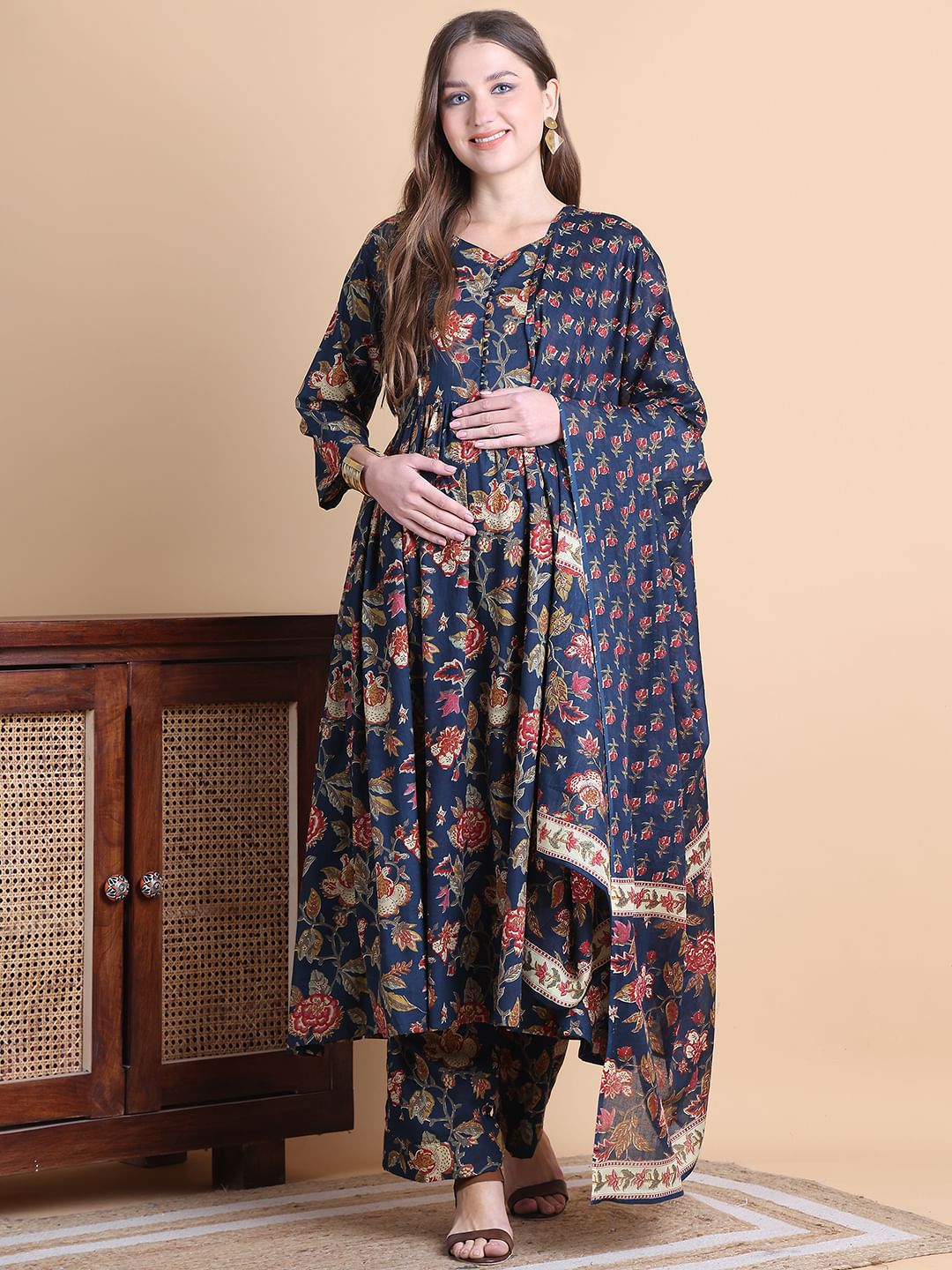 Navy Blue Floral Cotton Maternity Suit Sets With Dupatta