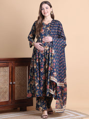 Navy Blue Floral Cotton Maternity Suit Sets With Dupatta