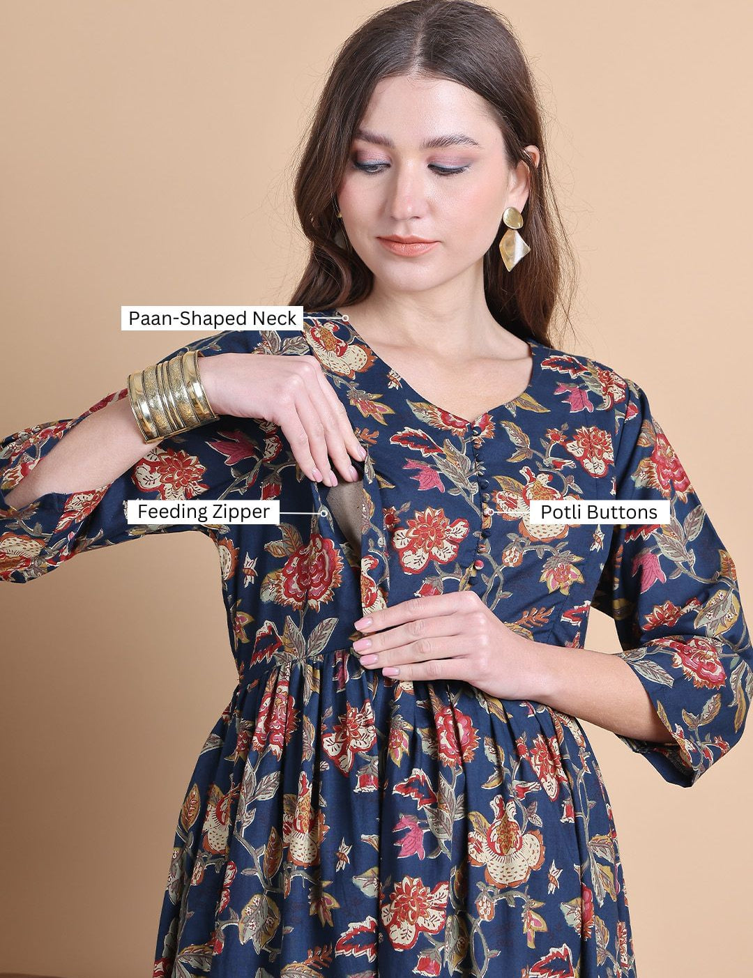 Navy Blue Floral Cotton Maternity Suit Sets With Dupatta