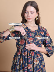 Navy Blue Floral Cotton Maternity Suit Sets With Dupatta