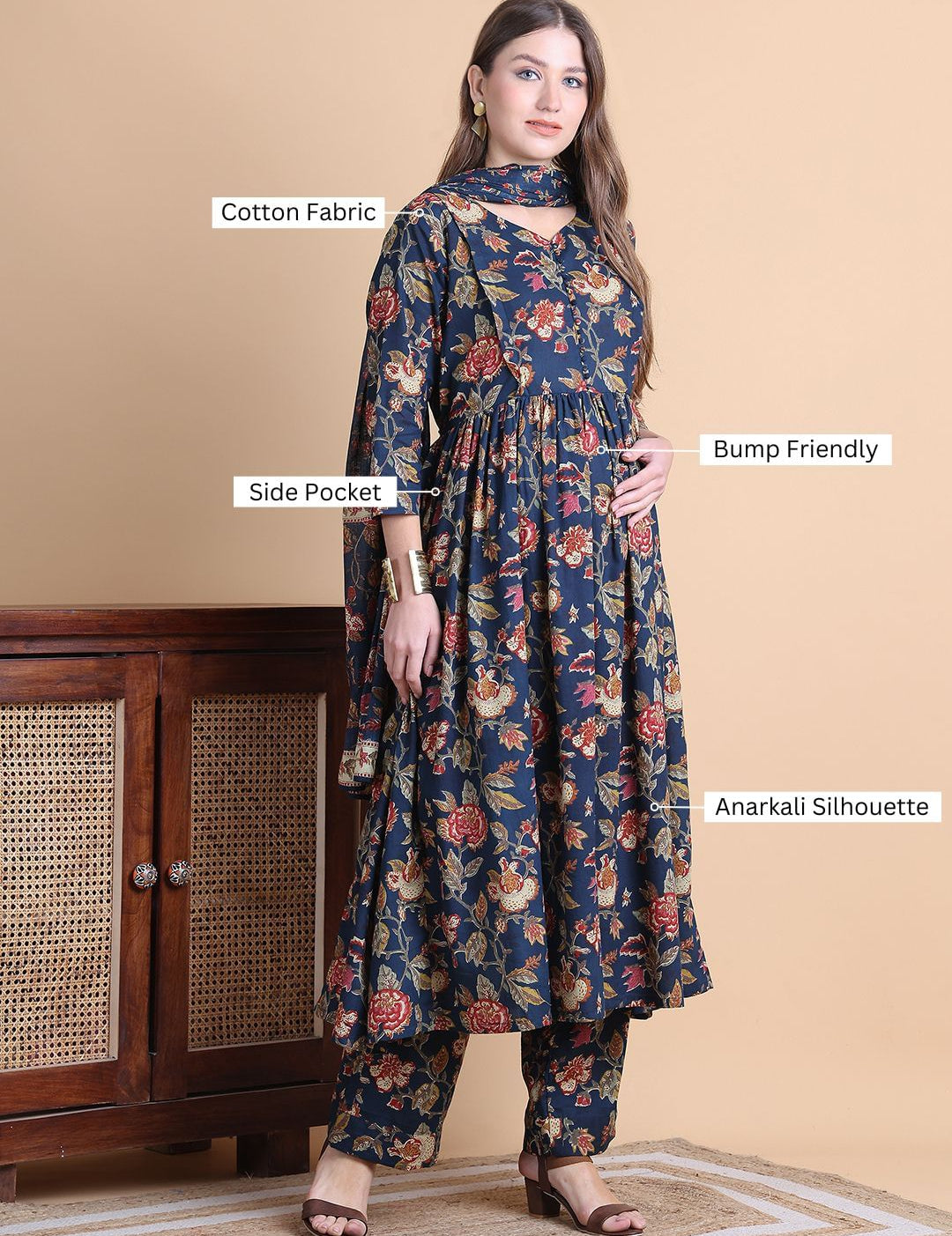 Navy Blue Floral Cotton Maternity Suit Sets With Dupatta