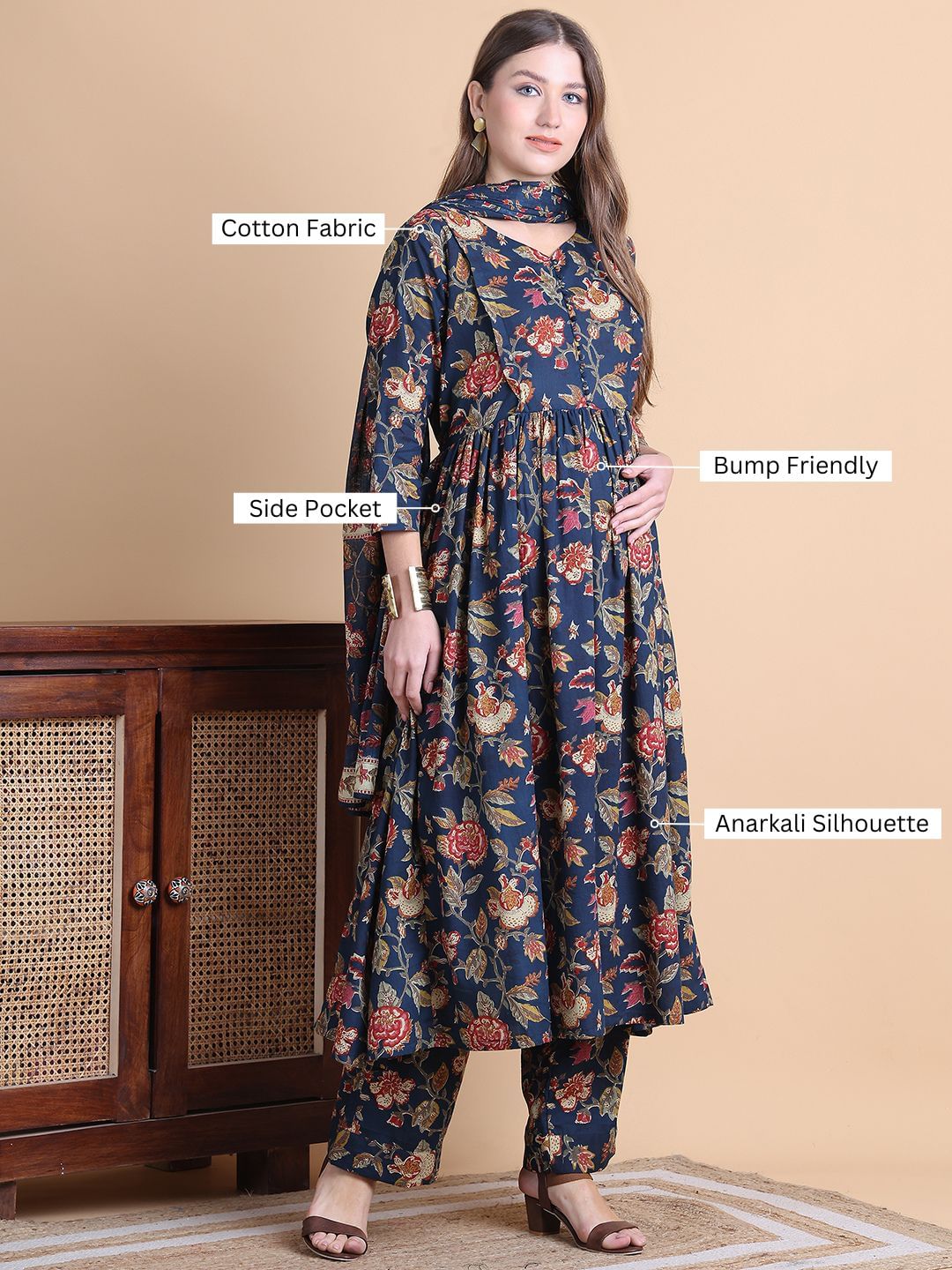 Navy Blue Floral Cotton Maternity Suit Sets With Dupatta
