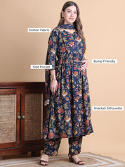 Navy Blue Floral Cotton Maternity Suit Sets With Dupatta