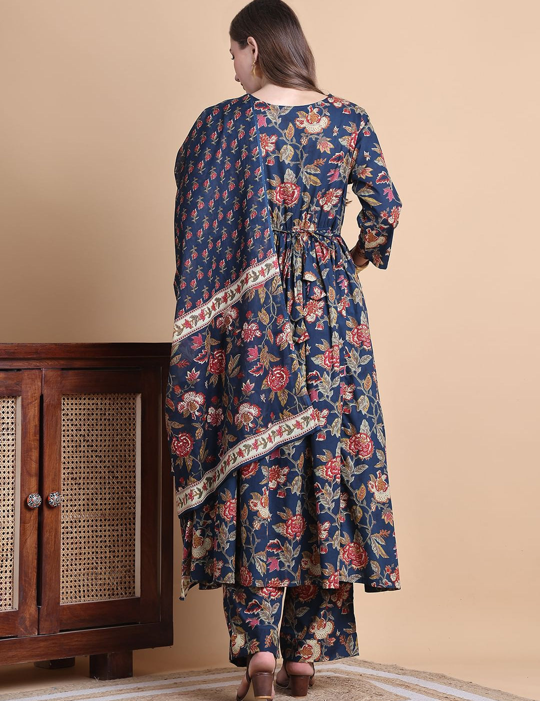 Navy Blue Floral Cotton Maternity Suit Sets With Dupatta