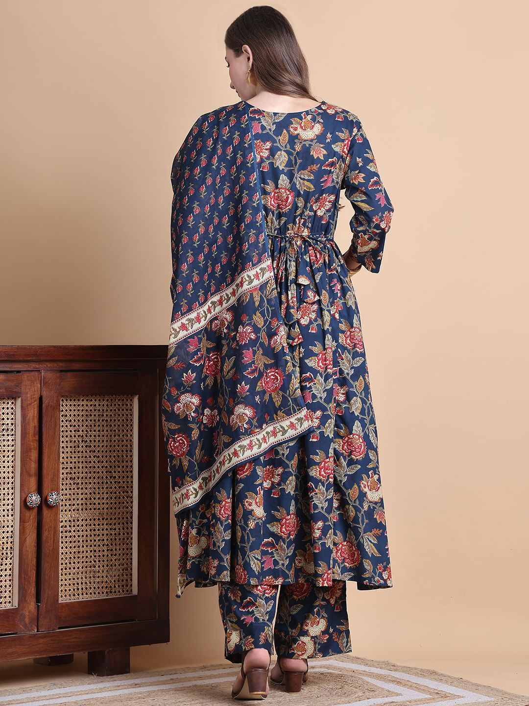 Navy Blue Floral Cotton Maternity Suit Sets With Dupatta