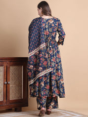 Navy Blue Floral Cotton Maternity Suit Sets With Dupatta