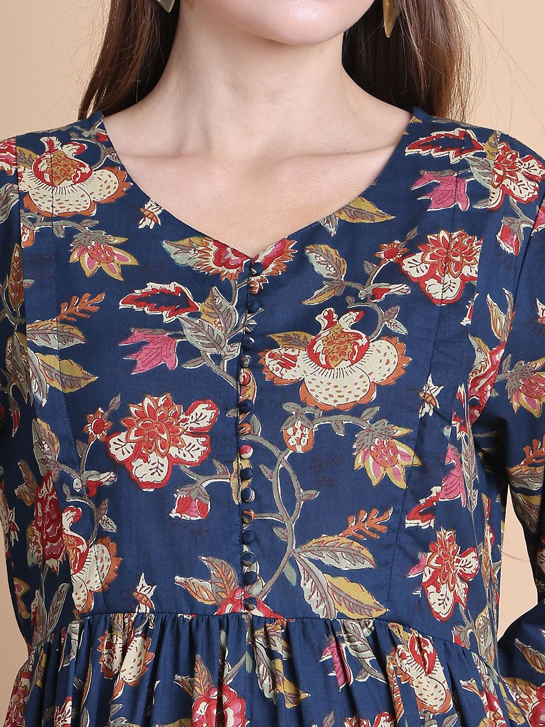 Navy Blue Floral Cotton Maternity Suit Sets With Dupatta