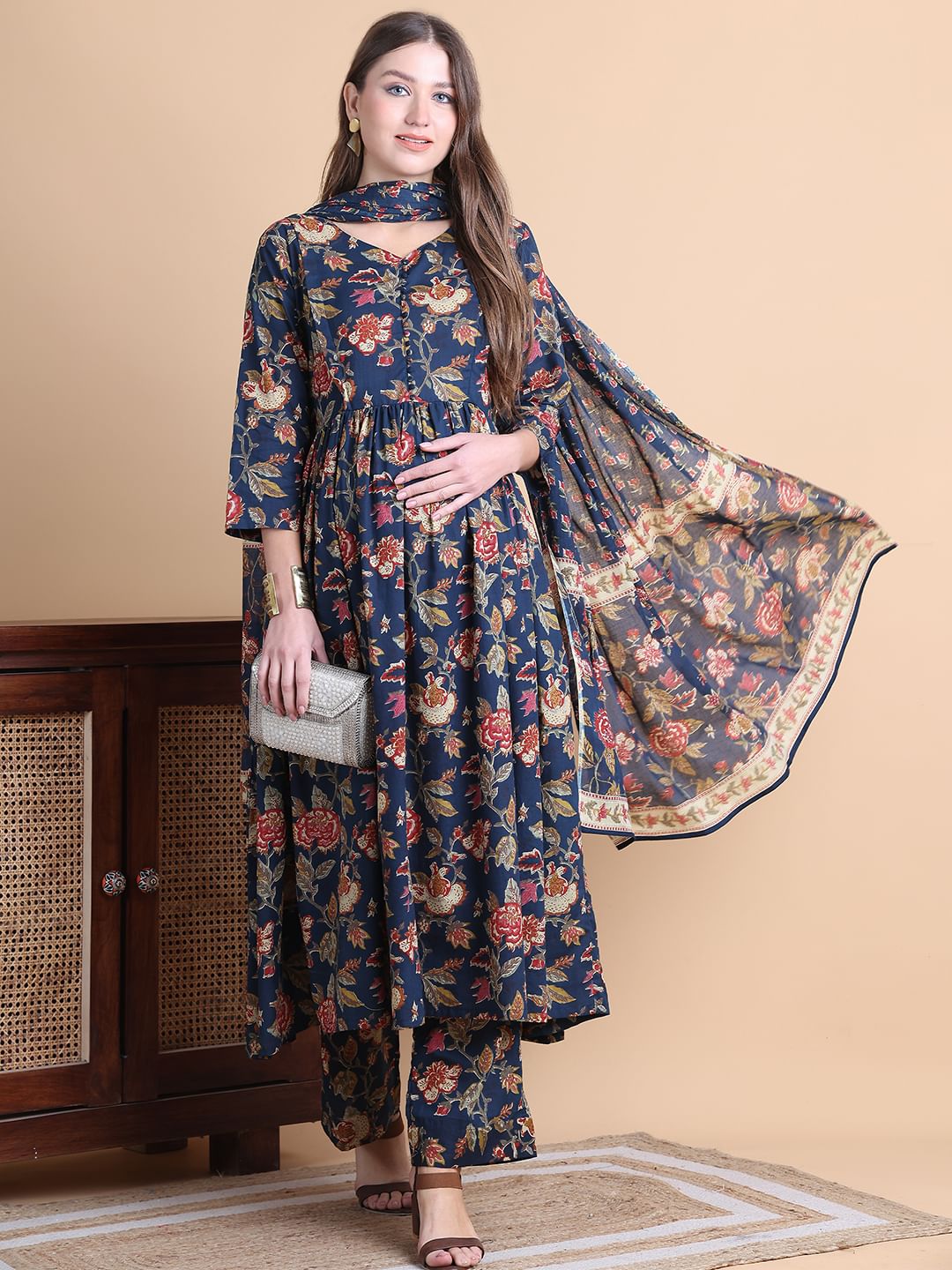 Navy Blue Floral Cotton Maternity Suit Sets With Dupatta