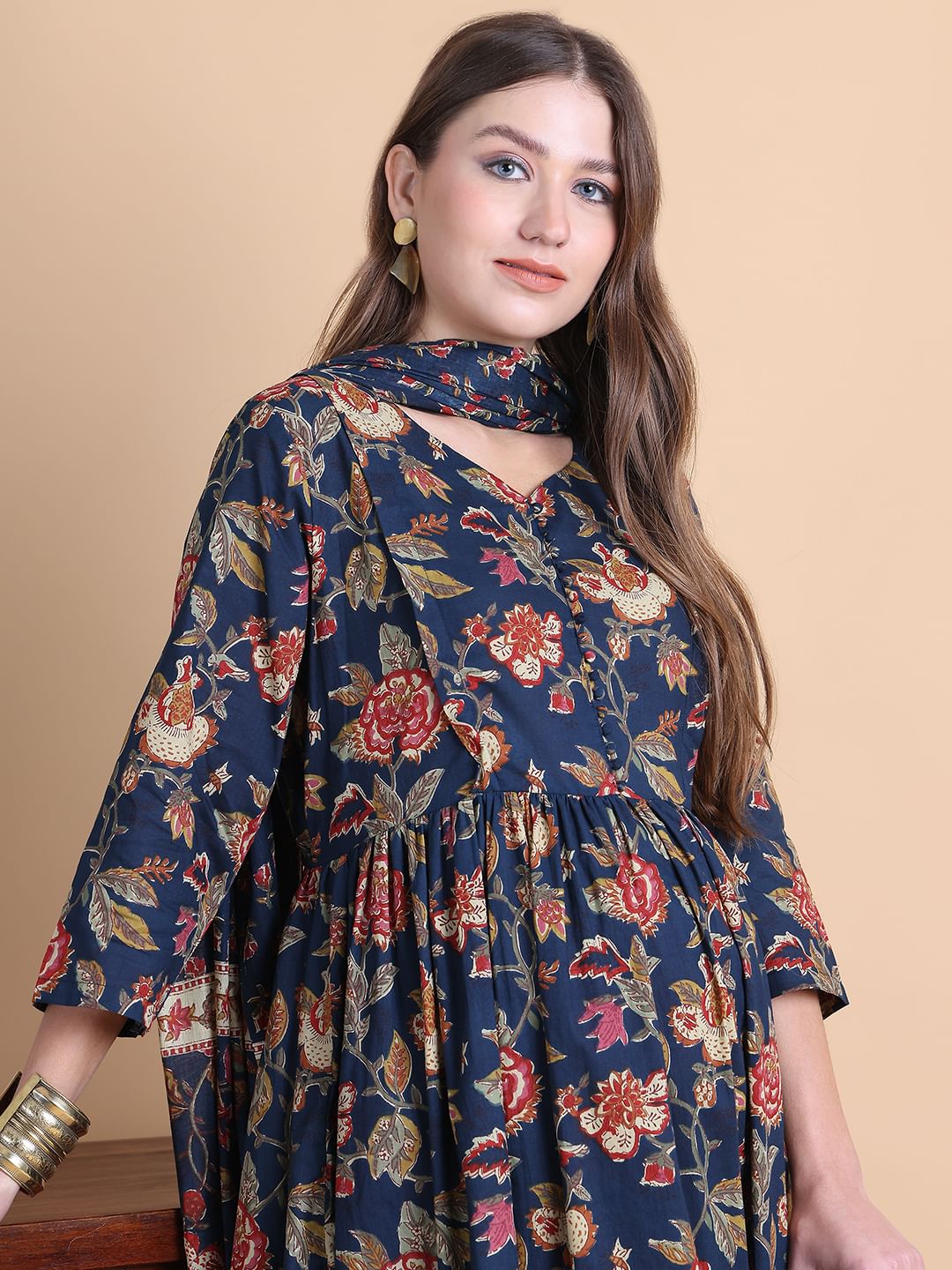 Navy Blue Floral Cotton Maternity Suit Sets With Dupatta