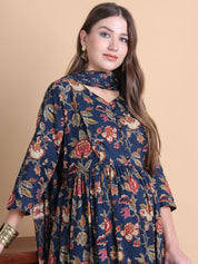 Navy Blue Floral Cotton Maternity Suit Sets With Dupatta