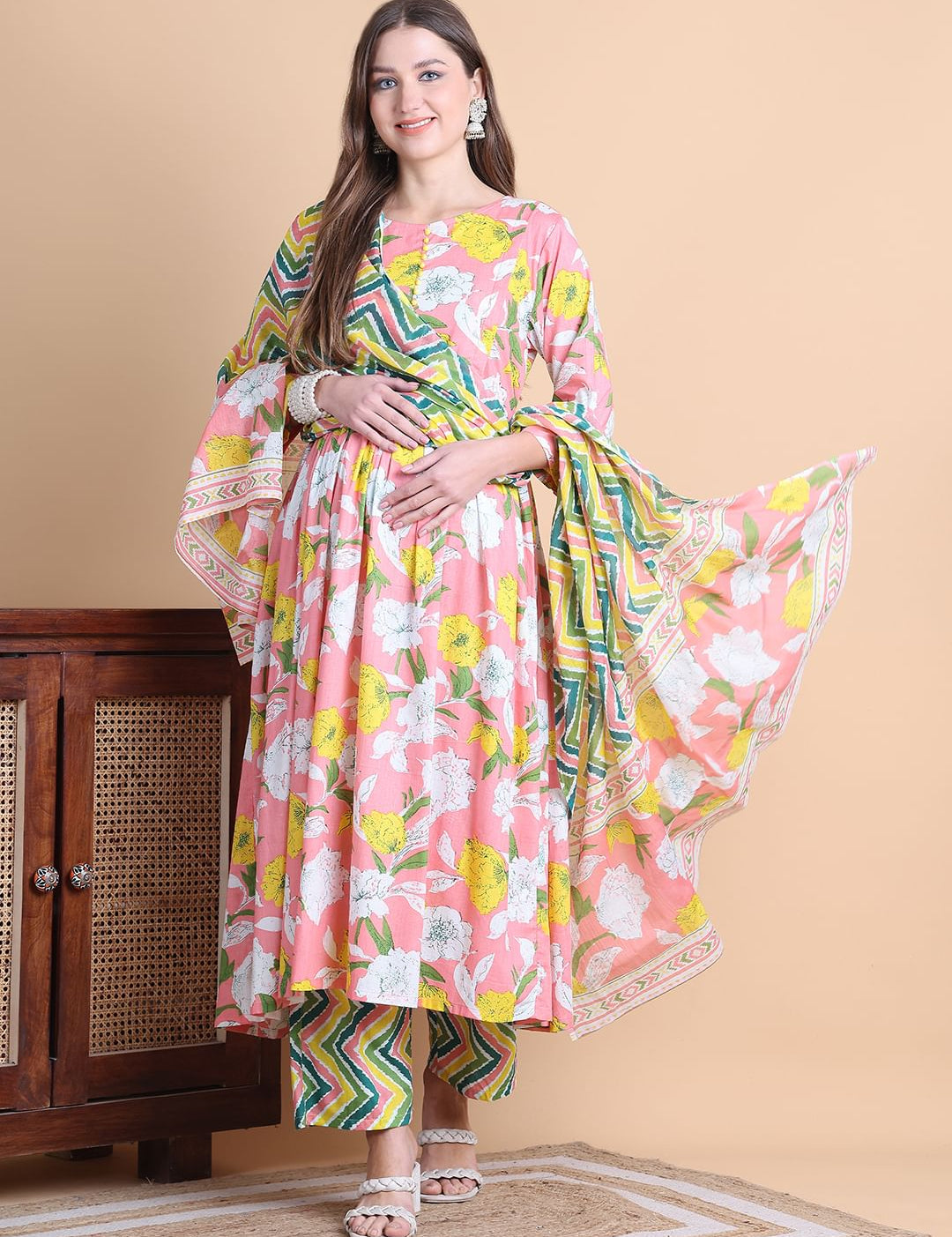 Pink Floral Cotton Maternity Suit Sets With Dupatta