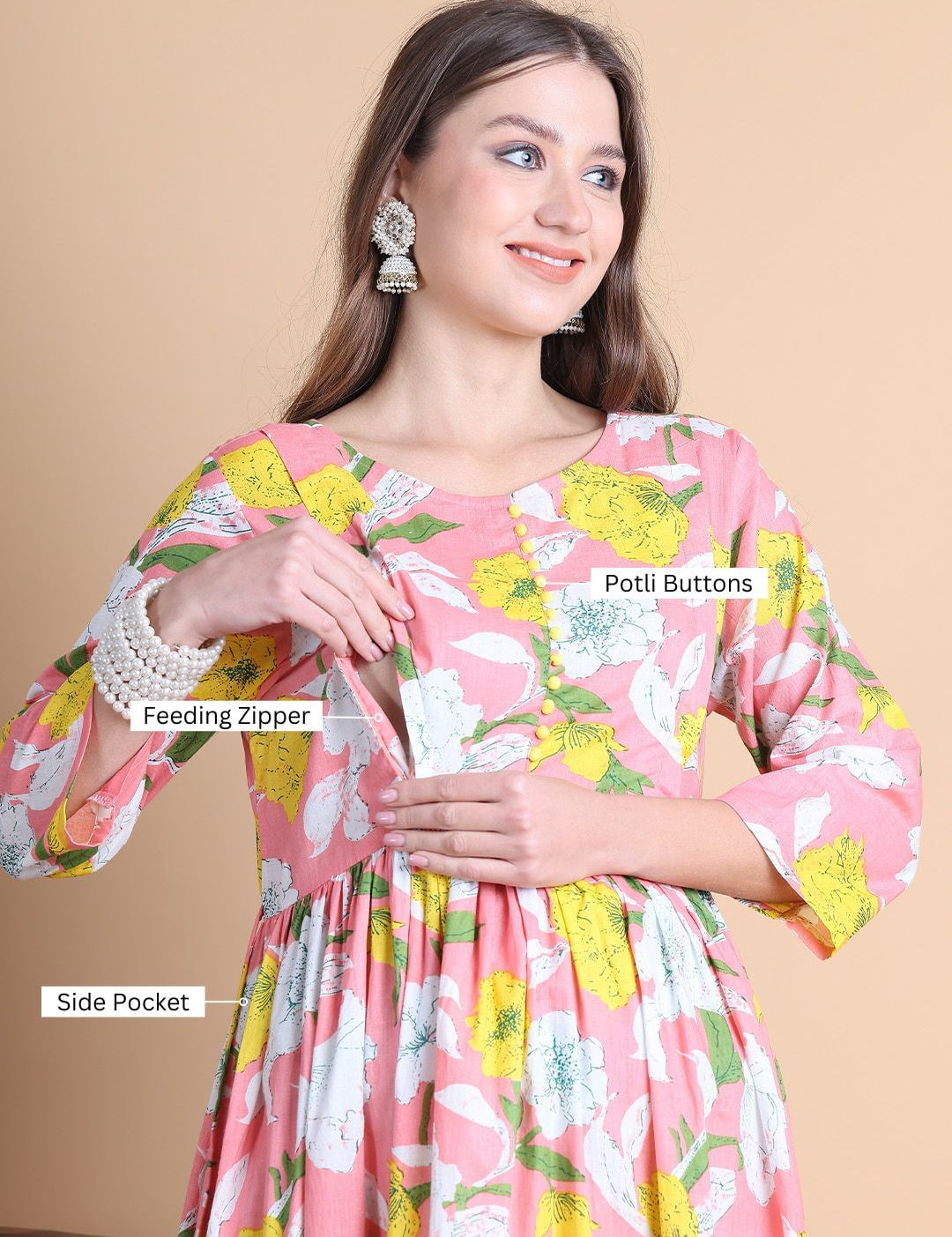 Pink Floral Cotton Maternity Suit Sets With Dupatta