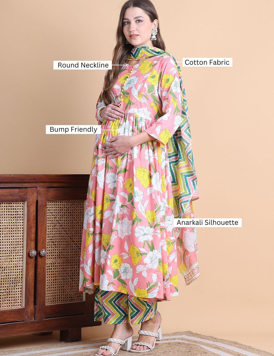 Pink Floral Cotton Maternity Suit Sets With Dupatta