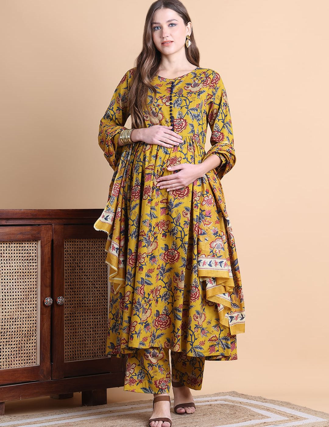 Musturd Yellow Floral Cotton Maternity Suit Sets With Dupatta