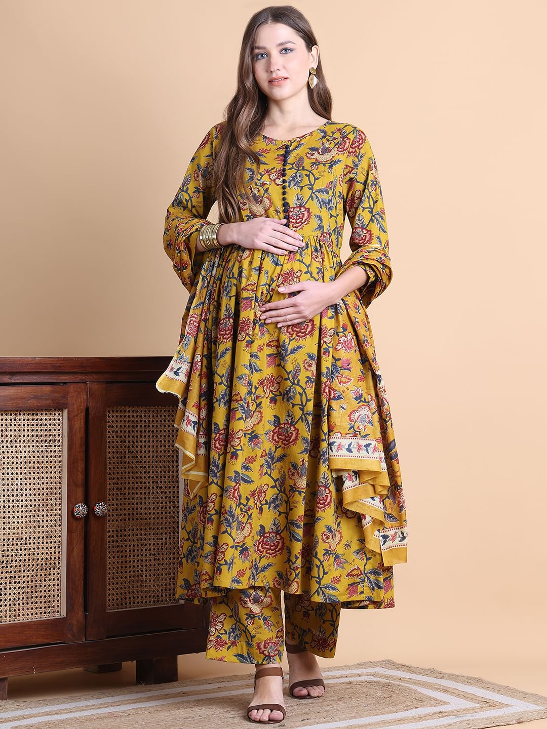 Musturd Yellow Floral Cotton Maternity Suit Sets With Dupatta