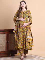 Musturd Yellow Floral Cotton Maternity Suit Sets With Dupatta