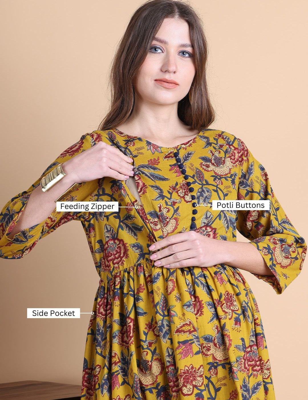 Musturd Yellow Floral Cotton Maternity Suit Sets With Dupatta