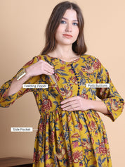 Musturd Yellow Floral Cotton Maternity Suit Sets With Dupatta