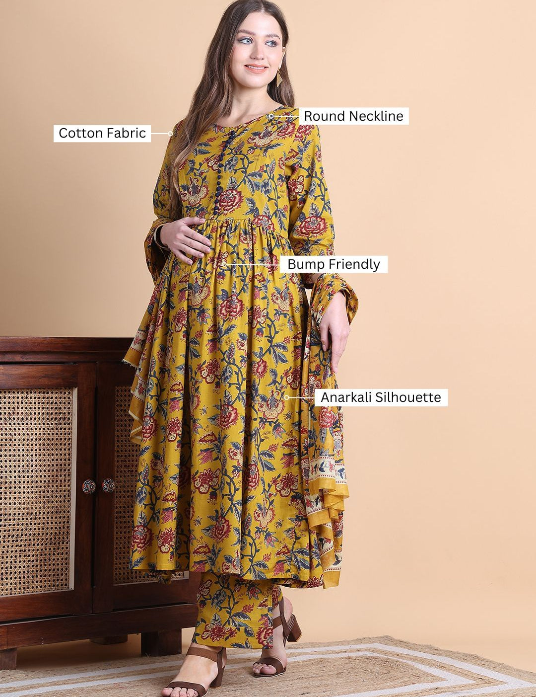 Musturd Yellow Floral Cotton Maternity Suit Sets With Dupatta