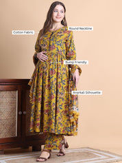 Musturd Yellow Floral Cotton Maternity Suit Sets With Dupatta