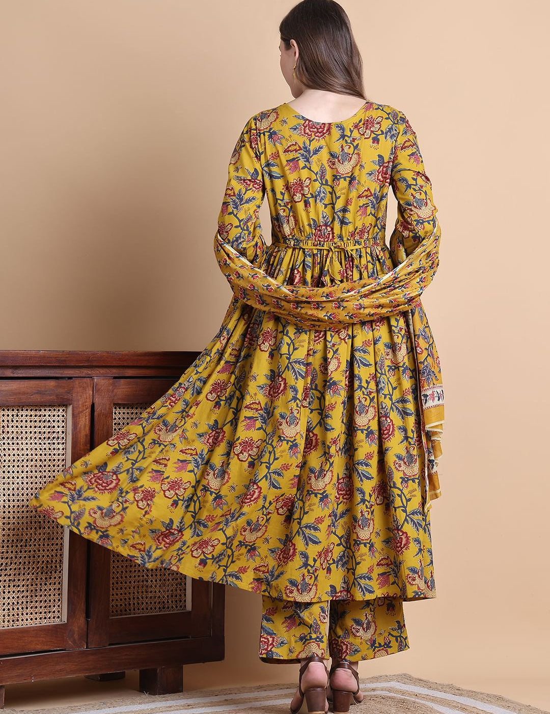 Musturd Yellow Floral Cotton Maternity Suit Sets With Dupatta