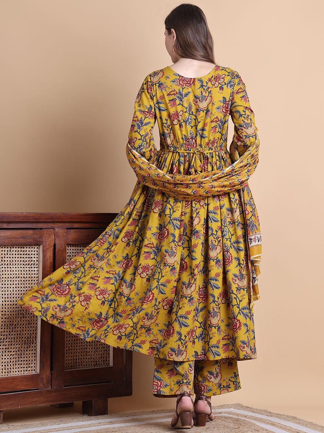 Musturd Yellow Floral Cotton Maternity Suit Sets With Dupatta
