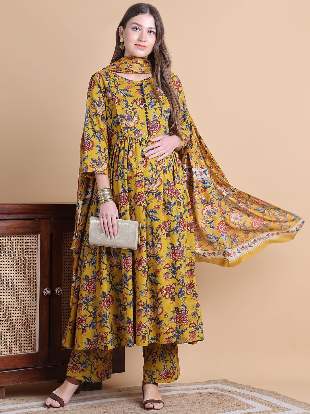 Musturd Yellow Floral Cotton Maternity Suit Sets With Dupatta