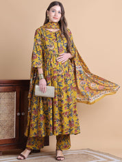 Musturd Yellow Floral Cotton Maternity Suit Sets With Dupatta