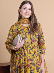Musturd Yellow Floral Cotton Maternity Suit Sets With Dupatta