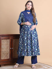 Blue Floral Cotton Maternity Suit Sets With Dupatta