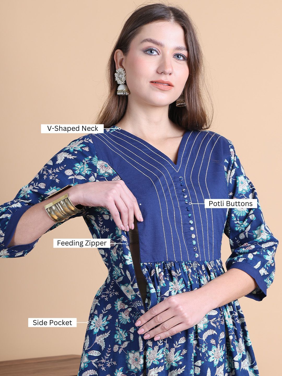 Blue Floral Cotton Maternity Suit Sets With Dupatta