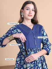 Blue Floral Cotton Maternity Suit Sets With Dupatta