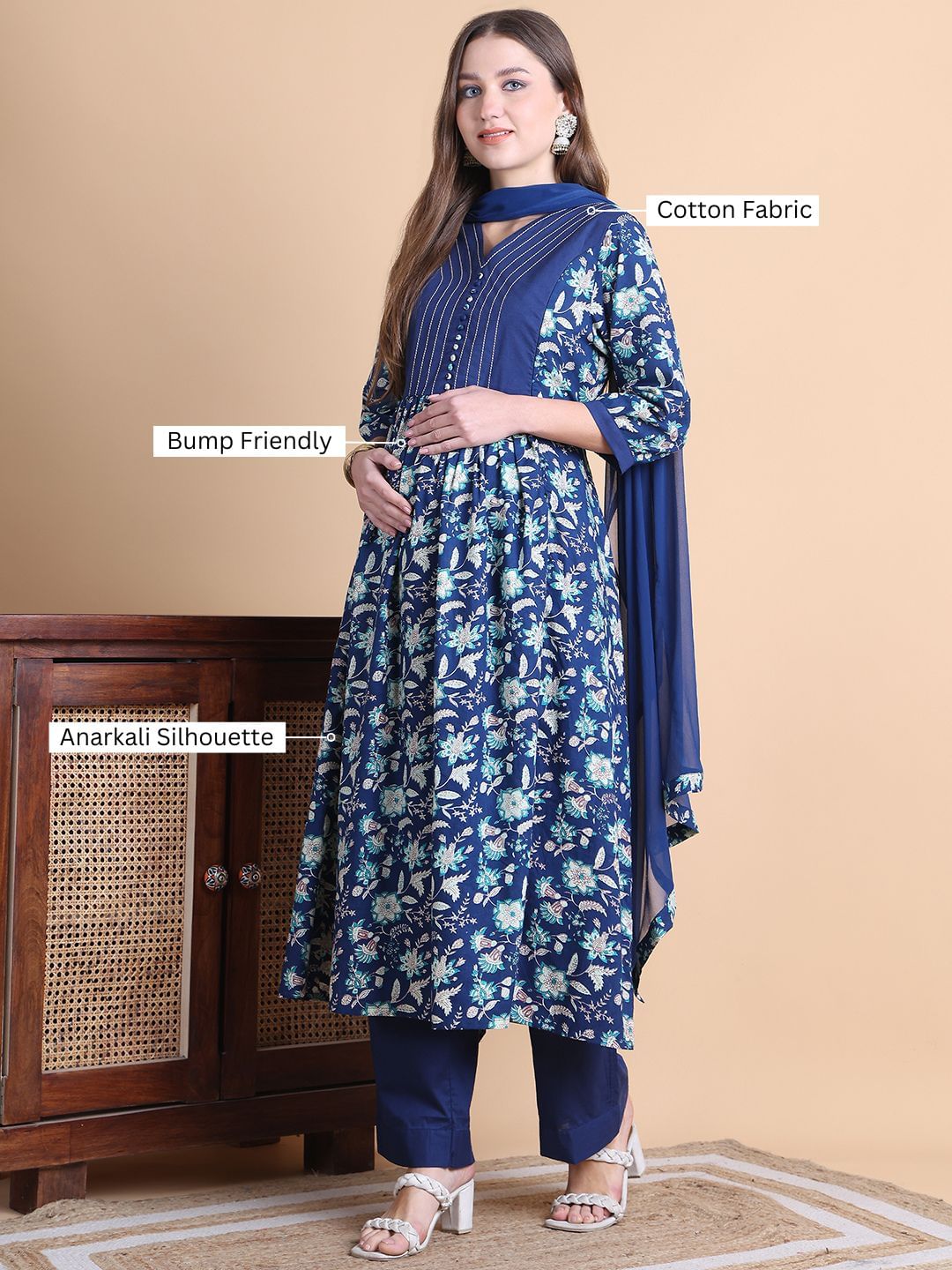 Blue Floral Cotton Maternity Suit Sets With Dupatta