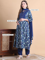 Blue Floral Cotton Maternity Suit Sets With Dupatta