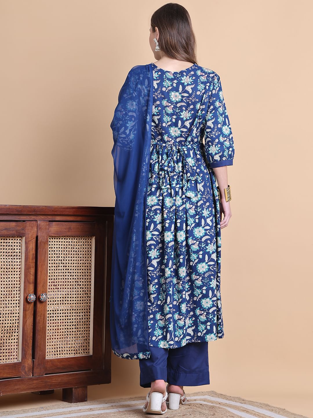 Blue Floral Cotton Maternity Suit Sets With Dupatta
