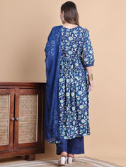 Blue Floral Cotton Maternity Suit Sets With Dupatta