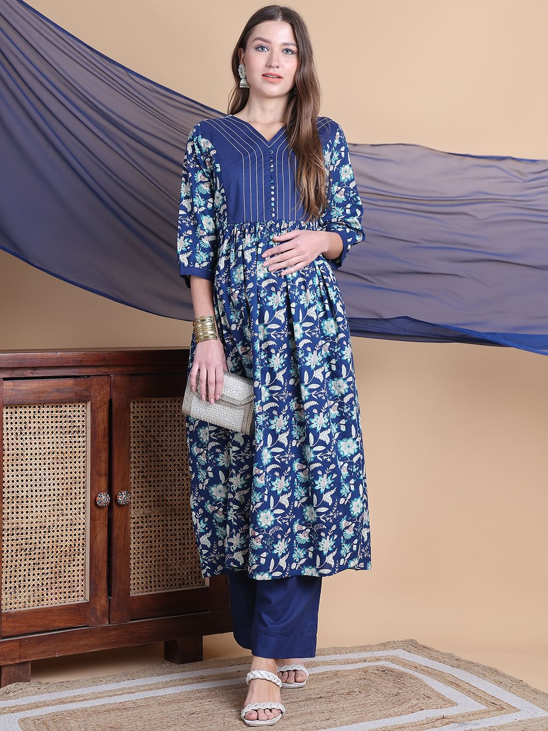 Blue Floral Cotton Maternity Suit Sets With Dupatta